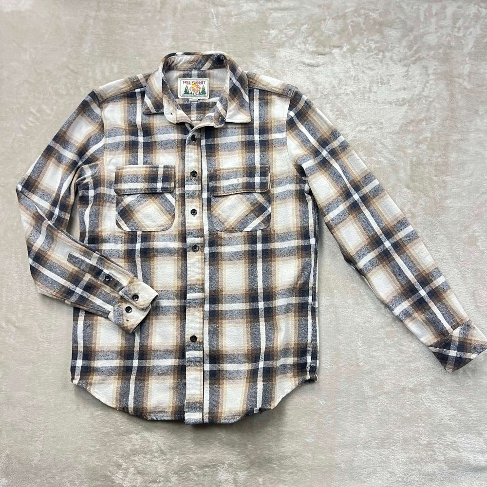 Free Planet Mens Plaid Flannel Shirt Brown Tan Cream Cotton Button Down Sizee M